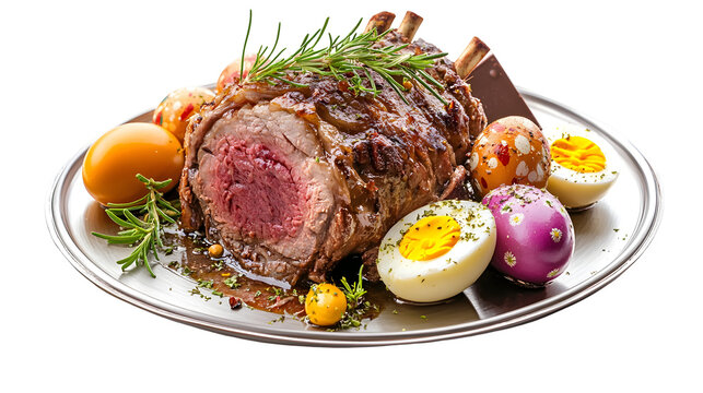 Prime rib dinner with easter eggs and rosemary