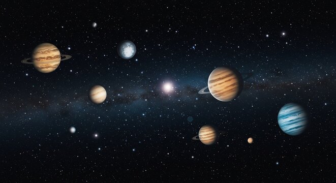 遥か彼方の深遠な宇宙空間に静かに漂う環を持つ惑星と輝く星々 銀河の神秘的な光が幻想的に照らし出す壮大な宇宙の絶景. AI Generated