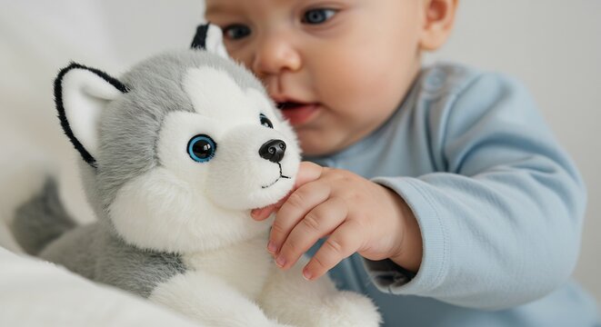 柔らかな日差しが穏やかに降り注ぐ温かい空間で幼い赤ちゃんがふわふわのハスキー犬のぬいぐるみをそっと触る愛おしい瞬間新たな発見に瞳を輝かせる無邪気な表情が印象的. AI Generated