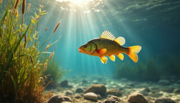 Yellow perch swims underwater in clear freshwater lake. Sunlight beams through water. Aquatic plants grow near rocky bottom. Fish swims near aquatic vegetation.