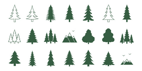 Obraz premium Set of green pine tree icons, coniferous forest trees, fir trees, and mountain silhouettes