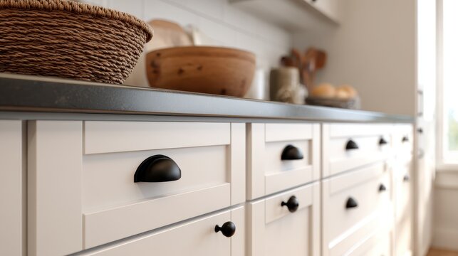 Stunning photo of close-up of white shaker-style kitchen cabinets with modern matte black hardware and round knobs.