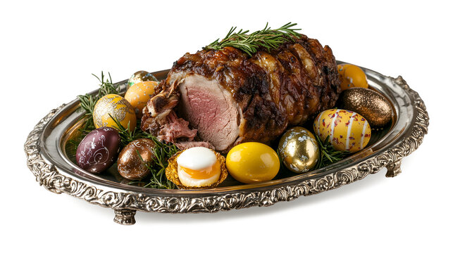 Roast meat with decorated Easter eggs