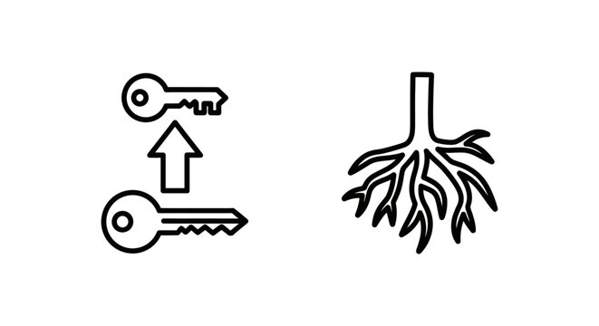 Cybersecurity icons: privilege escalation key swap and root access network tree, representing hacking and system security concepts