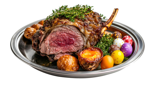 Roast prime rib with easter eggs and potatoes on plate