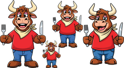 Fototapeta premium Cartoon bull mascot character set, happy bull holding fork and knife, hungry bovine wearing red shirt and blue jeans, steakhouse restaurant vector