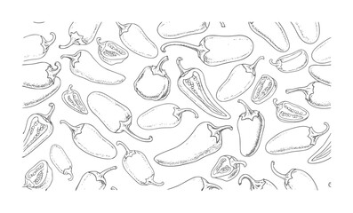Fototapeta premium Hand drawn pattern of jalapeño peppers and sliced jalapeños chili food ingredient
