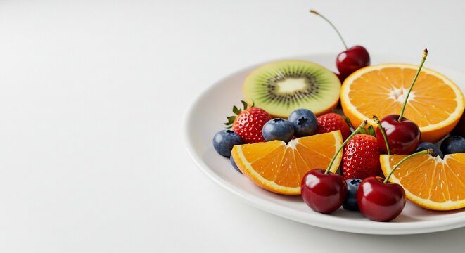 白い皿に盛られた新鮮でカラフルなフルーツ盛り合わせが明るい光で輝きヘルシーな朝食を彩る. AI Generated