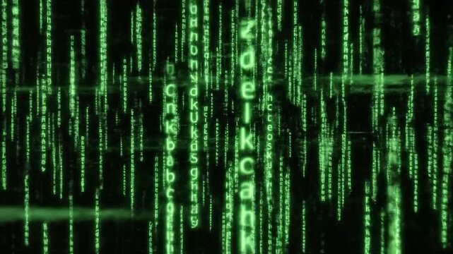 Digital rain of green characters and symbols cascades down a dark background, representing a futuristic data stream or code