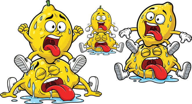 Funny cartoon lemon characters with sour taste expression, set of 3 vector illustrations, yellow citrus fruit mascots with tongue out