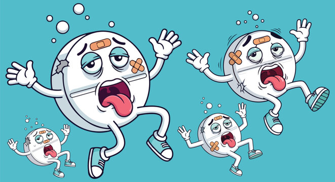 Funny cartoon pill characters with bandages and tired expressions, sick medicine tablet mascot set, exhausted pharmaceutical drug vector illustration