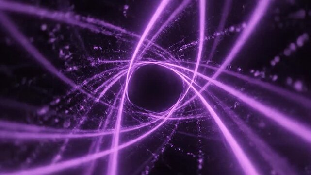 Abstract swirling vortex of glowing purple light trails and particles creating a sense of motion and energy in a dark void