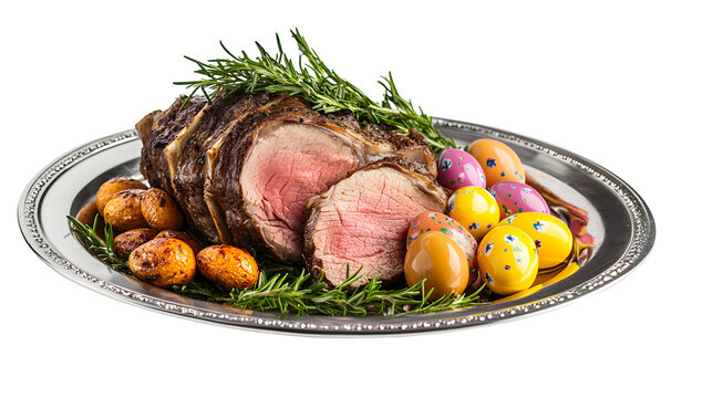 Sliced prime rib with easter eggs and potatoes on plate