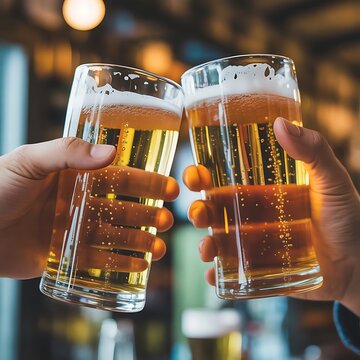 Cheers! Clink glasses. Close-up shots of hands holding beer glasses and beer bubbles.