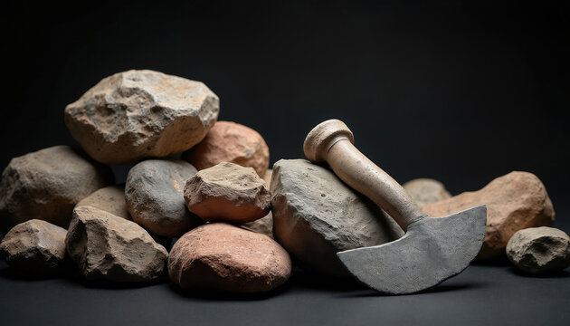 Heap of rough stones, some appear carved into ancient tools. Objects on dark surface suggest primitive history. Paleolithic era archaeology research subject.