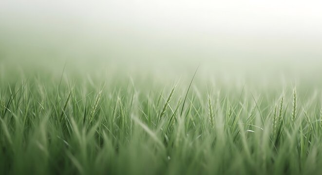 A gentle breeze rustles through a field of soft green grass, creating a peaceful and serene natural landscape
