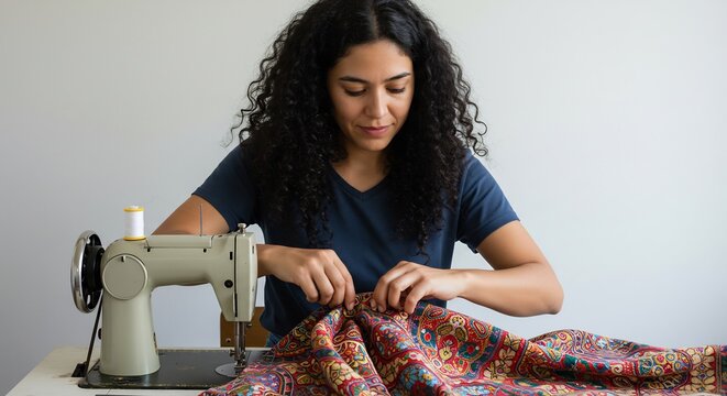 明るい光が優しく降り注ぐ部屋で美しい女性が集中し多彩な模様の布地をミシンと手作業で丹念に縫い上げ世界に一つだけの作品を生み出す手芸のひととき. AI Generated