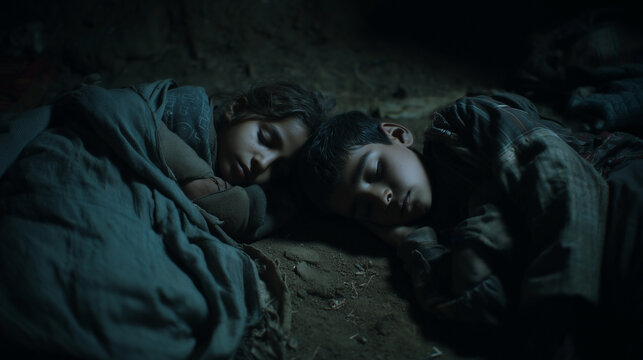 Two children sleep together in a dim, earthy space