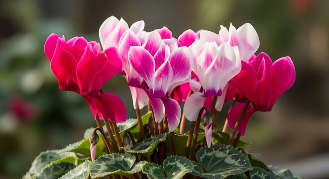 Close up of vibrant pink and white cyclamen flowers in full bloom