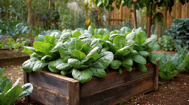 Lush, healthy green leafy vegetables thrive in a wooden raised bed in a thriving garden. Other greenery surrounds