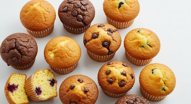 白背景に整然と並ぶ多種多様なマフィンたち 明るい自然光がそれぞれの豊かな風味と質感を鮮やかに引き出す. AI Generated
