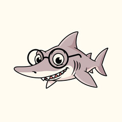 Obraz premium Cartoon shark illustration wearing glasses, grinning widely, and depicted in profile. This charming image has a cute aesthetic and a neutral background