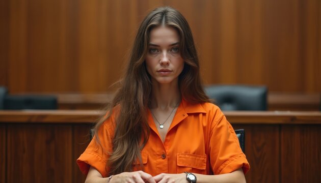 Woman in orange jumpsuit sits in courtroom. She wears jewelry and waits in a wooden booth. Focus on legal proceedings and justice system themes.