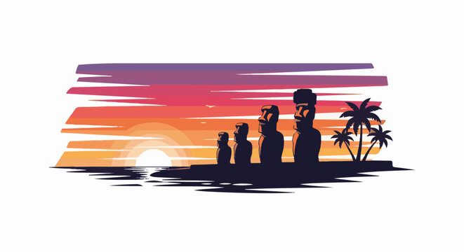 Iconic monoliths stand silhouetted against a vibrant sunset over a tropical ocean