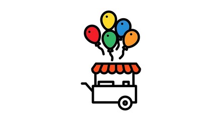 Fototapeta premium A simple, cartoon illustration of a mobile vendor cart with colorful balloons floating upwards. The cart has a red and orange awning