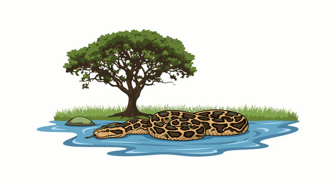 Large coiled snake near a tree and a rock in blue water