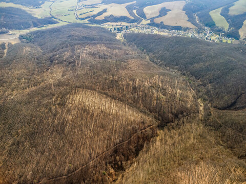 Aerial view of a rugged, undulating landscape where dense forests meet open fields under a soft, diffused light, Mucin, Banska Bystrica Region, Slovakia.