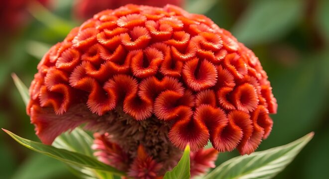 Close up of vibrant red cockscomb flower in botanical garden sunlight