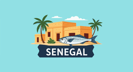 Fototapeta premium Illustration of a fish and buildings with palm trees, representing Senegal