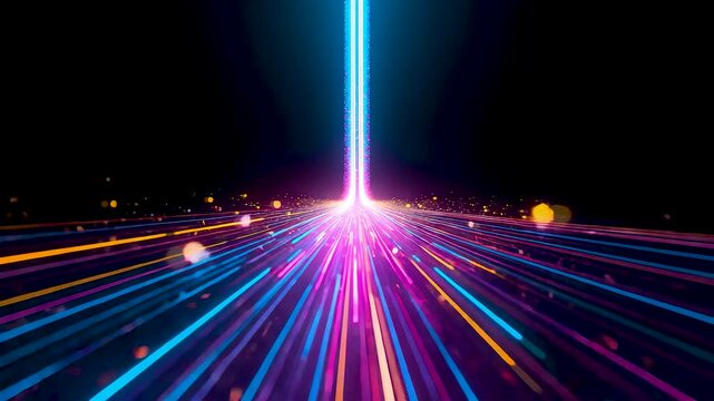 Bright Pink Blue Central Light Beam With Vibrant Multicolored Streaks Radiating Outward In Hyperspace Tunnel On Dark Background