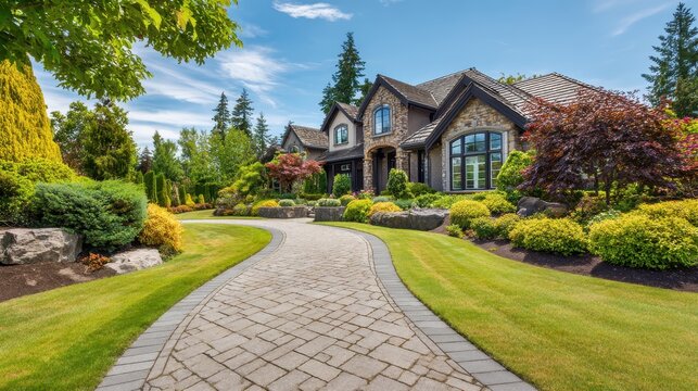 Stunning photo of luxury suburban home with nice landscape, stone pathway, green grass. Summer day in North America. Family house exterior, residential architecture, real estate.