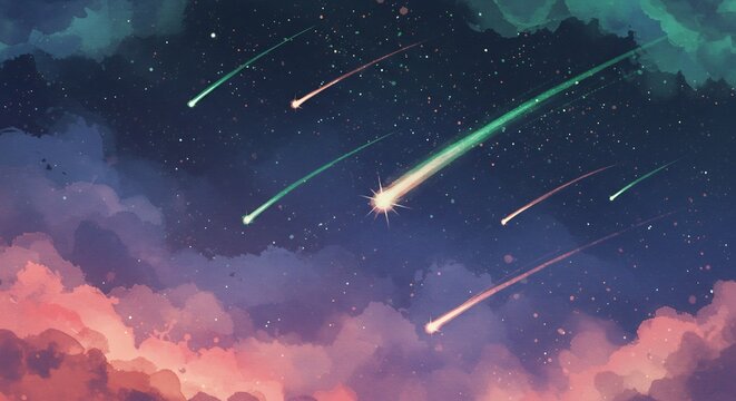 きらめく無数の流れ星が夜空を鮮やかに駆け抜け幻想的な光の軌跡をきらめかせます 美しく染め上げられたカラフルな雲が夢幻的な世界観をドラマチックに彩る息をのむような美しい風景. AI Generated