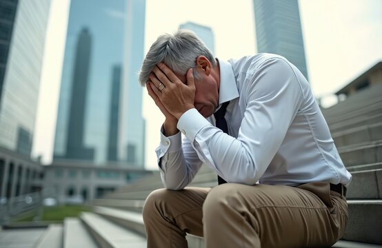 Elderly man sits on city stairs head in hands. He wears formal shirt and trousers. Buildings are blurred in background. Mature person looks stressed and upset. Sad businessman has problems.