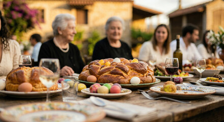Fototapeta premium Family enjoying an outdoor Easter meal with traditional bread and painted eggs. Folar