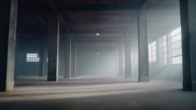 Cinematic empty industrial warehouse interior with dramatic light rays streaming through large windows, vast space with concrete floor and columns, symbolizing potential