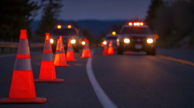 Stunning photo of roadside traffic cones signal DUI checkpoint. Law enforcement control traffic flow on roadway. Cautionary markers direct drivers. Evening light illuminates.