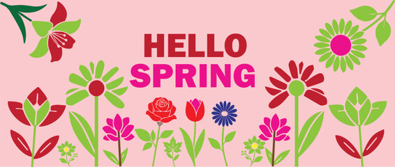 Hello Spring floral banner with colorful blossoms. Vibrant garden flowers vector illustration. Pink seasonal greeting card background with botanical elements. © KhaqanAsif