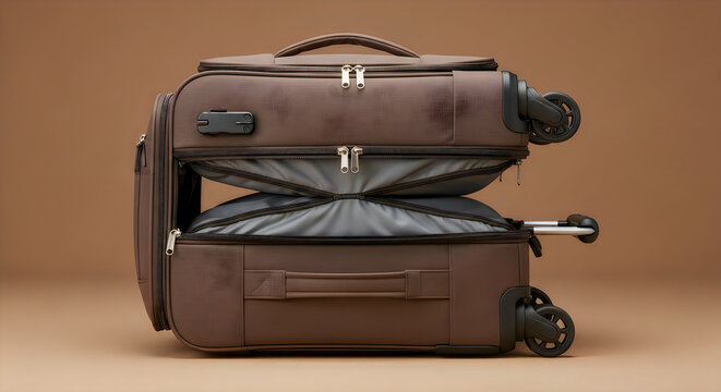 Spacious brown expandable suitcase with extended compartments open for packing