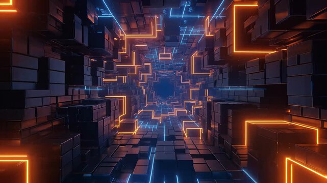 Cinematic journey through a pulsating digital cyberspace tunnel with glowing neon orange and blue circuit lines, symbolizing data flow, artificial intelligence
