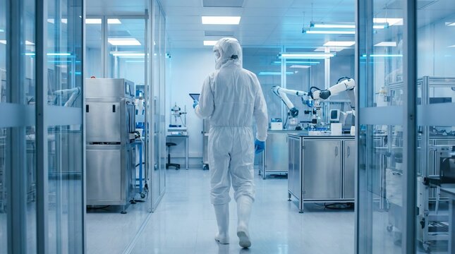 Scientist in full protective suit walking through sterile cleanroom laboratory, research and technology concept, modern high-tech facility