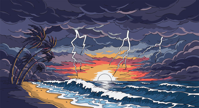 Pixel art stormy sunset with lightning over ocean and palm trees