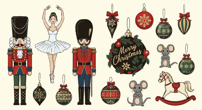 Festive holiday assortment with nutcrackers, ballet dancer, mice, and ornaments