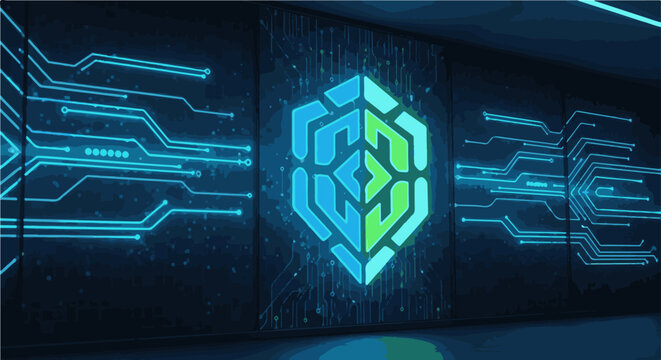 Futuristic digital circuit board with glowing hexagonal logo in dark room