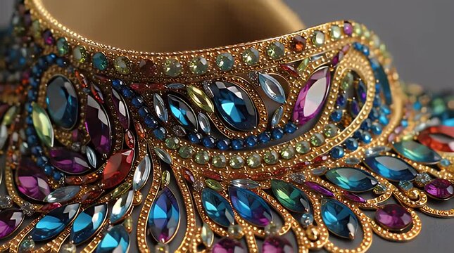 Close-up of a richly detailed collar featuring a dazzling array of colorful gemstones set in intricate gold filigree. The design is luxurious