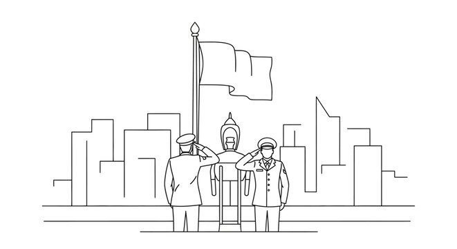 Veterans Saluting Flag with City Skyline Background