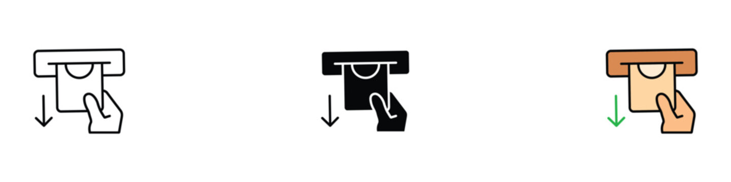 ATM cash withdrawal icon set. Banking and financial transaction symbol. Vector Illustration.
